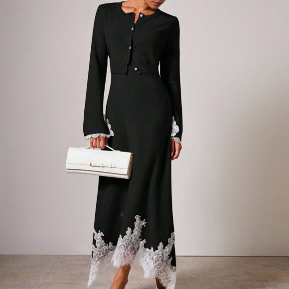 Black Elegant Women's Knit Sweater Lace detailed Dress & Cardigan Set - Picture 4 of 14